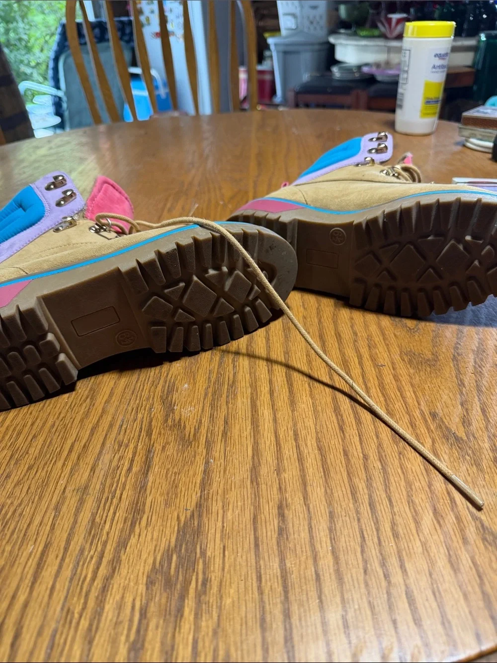 Pacifica Tan Suede Kids/Women’s Lace-Up Boots with Pink Tongue and Blue Trim